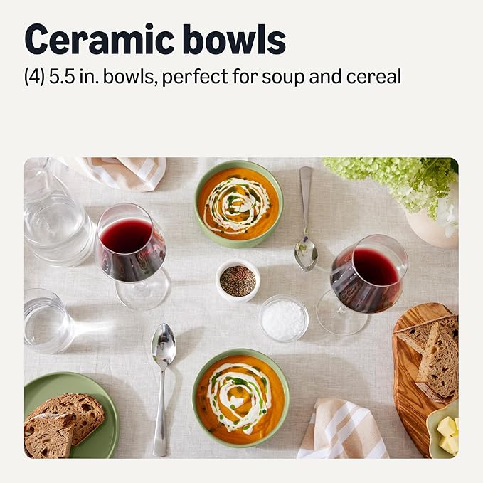 Amazon Basics Glazed Stoneware Bowls 4-Piece Set Microwave and Dishwasher-Safe 20 oz. Capacity 5.5 in. Olive