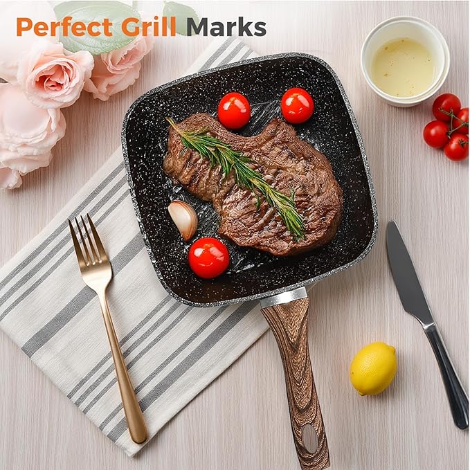 3-Piece Nonstick Grill Pan Set Square Griddle Pans with Wooden Handle Compatible with All Stovetops Ideal for Steak BBQ &amp Vegetables 9.5 10.2 11 Black