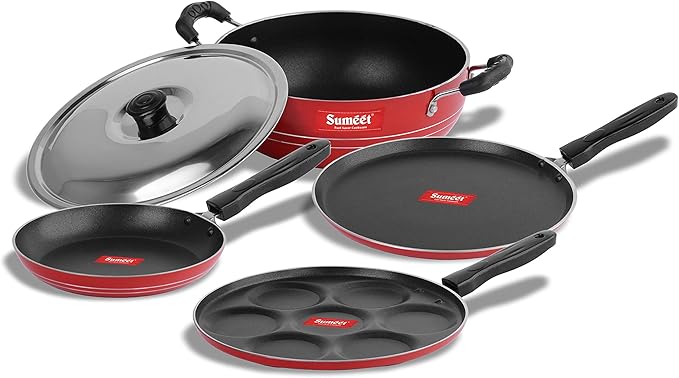 Sumeet 2.6mm Thick Non-Stick Rossu Cookware set (Dosa Tawa – 26.5cm Dia + Multi snack maker – 26.5cm Dia + Kadhai With Lid – 1.5Ltr capacity- 20cm Dia + Tapper pan – 20cm Dia)