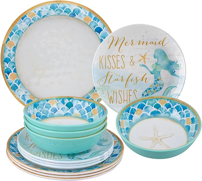 UPware 12 Piece Mermaid Melamine Dinnerware Sets Outdoor Dishes Set Plates and Bowls Sets Service for 4 Blue