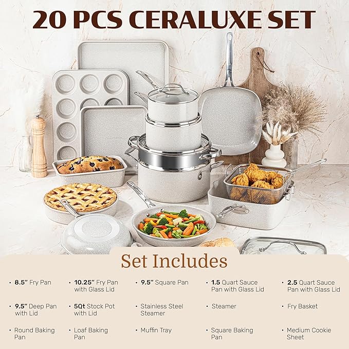Granitestone Ceraluxe 20 Pc Ceramic Cookware Set Nonstick Complete Pots and Pans Set Non Stick with 5 Pc Bakeware Set Deep Frying Pan Set &amp Steamer Non Toxic PFOA Free Oven &amp Dishwasher S