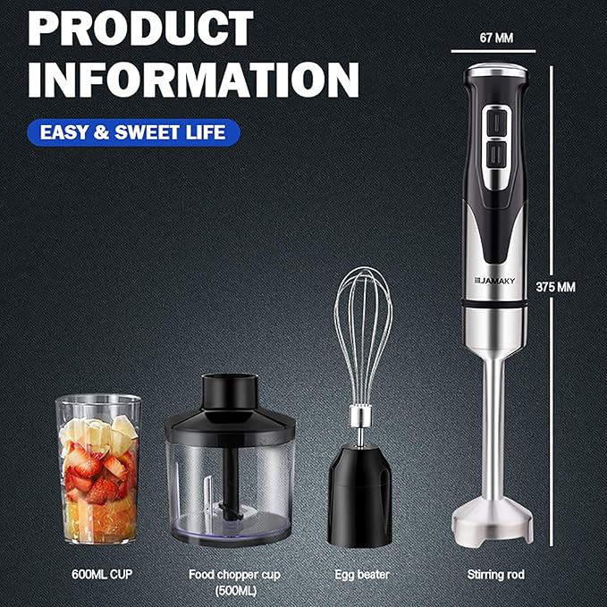 Powerful Hand Blender Handheld Immersion Blender Kit with Immersion Chopper Beaker and Whisk Precise Speed Control and 304 Stainless Steel Bar for Making Purees Soups Smoothies