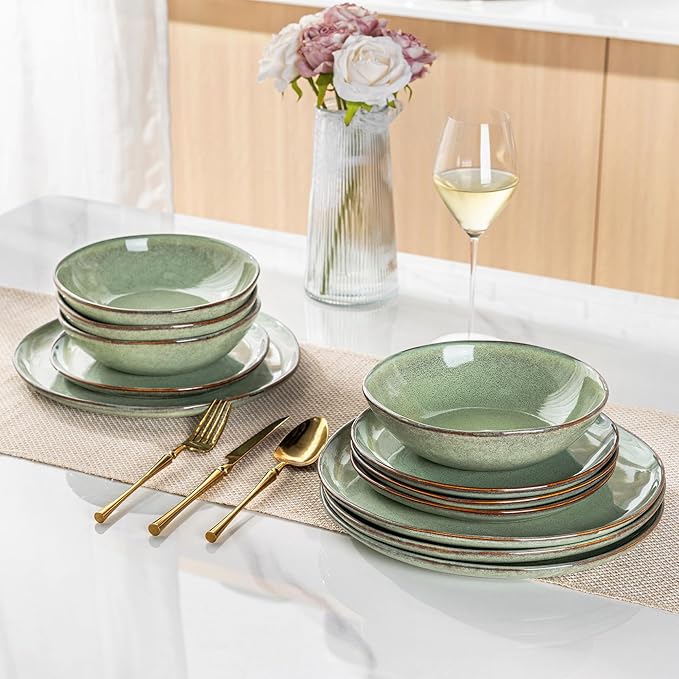 AmorArc Ceramic Dinnerware SetsHandmade Reactive Glaze Stoneware Plates and Bowls SetsHighly Scratch Resistant | Dishwasher &amp Microwave Safe Dishes SetService for 4 (12pc)