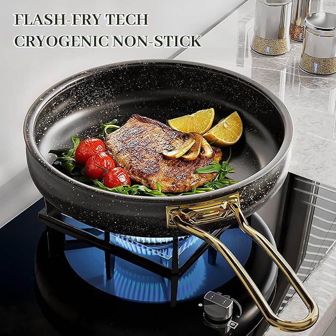 Fully Clad 5-Ply Stainless Steel Cookware Set 12Pcs Nonstick Pots and Pans Set with Stay-Cool Handles Induction Compatible Stackble Design Includes with Frying Pan Saucepans and Saute Pan (Black)