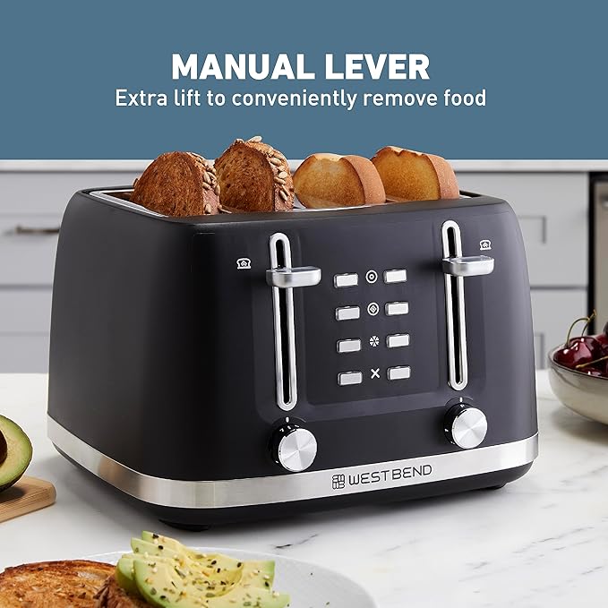 West Bend Toaster 4-Slice Extra-Wide and Deep Slots with 3 Functions and 7 Shade Settings Manual Toast Lift Lever Auto Shut-Off and Removable Crumb Tray 1500-Watts Black