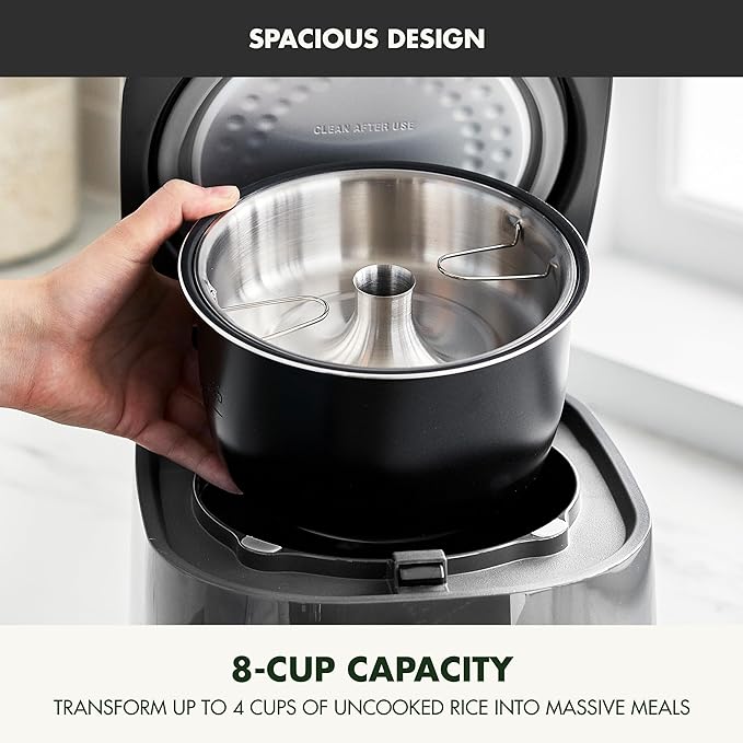 GreenPan Carb Reducing Electric Rice Cooker 4 Cups Uncooked/8 Cooked Rice 10 Presets LED Display Healthier Meals Delay Timer PFAS-Free Ceramic Nonstick Removable Bowl Cool Touch Steam Graphit