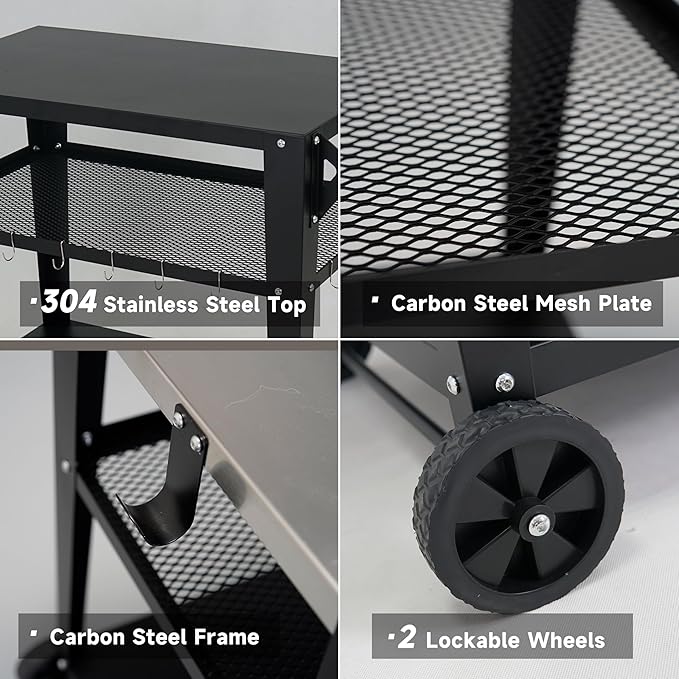 Black Outdoor Grill Cart with Wheels Heavy-Duty 3-Tier BBQ Prep Table for Pizza Oven Griddle Patio – Rustproof Commercial Kitchen Cart with Tool Hooks