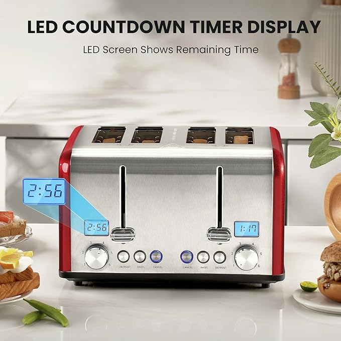 Roter Mond Countdown Stainless Steel 4 Slice Toaster with Bagel Defrost Cancel Function Dual Toaster Extra Wide Slots 6 Shade Settings Removable Crumb Trays 1650W Red