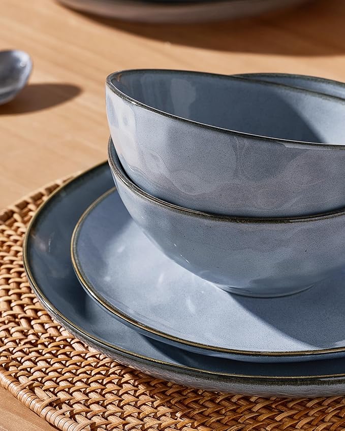 Famiware Dinnerware Sets for 8 Ocean Round 24-Piece Kitchen Plates and Bowls Sets Reactive Glaze Microwave and Dishwasher Safe Scratch Resistant Blue
