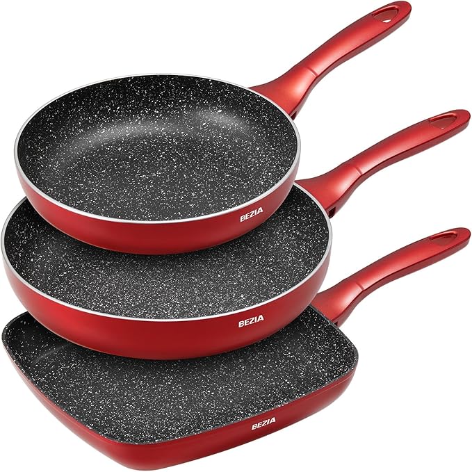 BEZIA Nonstick Frying Pans Set 3 Piece Skillets and Frying Pans 9.5 11 10.2 Inch Dishwasher Safe Kitchen Cooking Pan Non Stick Pan for induction cooktop Omelette Egg Pan with Stay Cool Handle