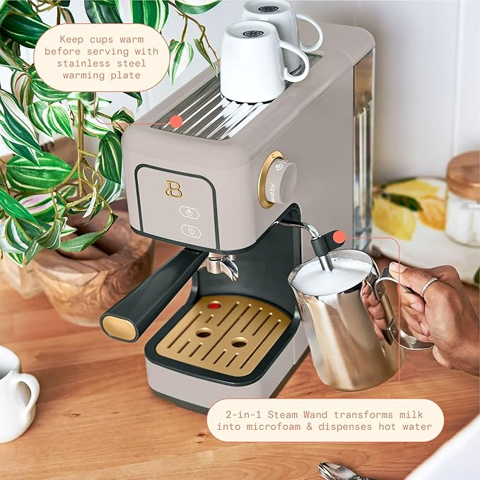 B Slim Espresso Maker by Drew Barrymoree with 20-Bar Pressure Touch-Activated Display and Steam Wand for Latte &amp Cappuccino (Porcini Taupe)