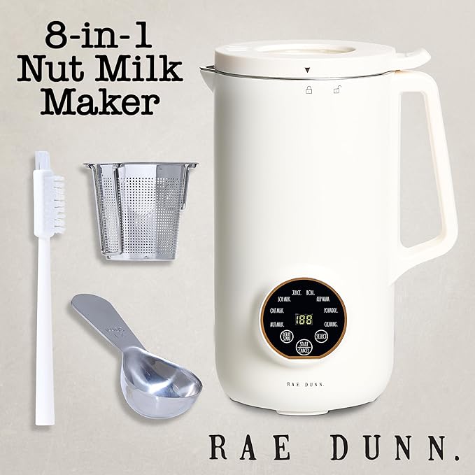 Rae Dunn 8-in-1 Nut &amp Plant Milk Maker – Almond Oat Soy &amp More – 800ml Cold / 700ml Hot – Automatic Delay Start Self-Clean – Includes Stirrer Measuring Cup &amp Brush Cream