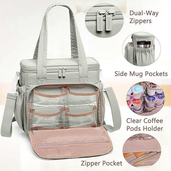 BAGSPRITE Coffee Maker Travel Bag Compatible with Keurig K-Mini Mate Carrying Case for K-Cup Single Serve Coffee Maker Portable Coffee Maker Case with Pod Organizer Mug Pockets &amp Shoulder Strap