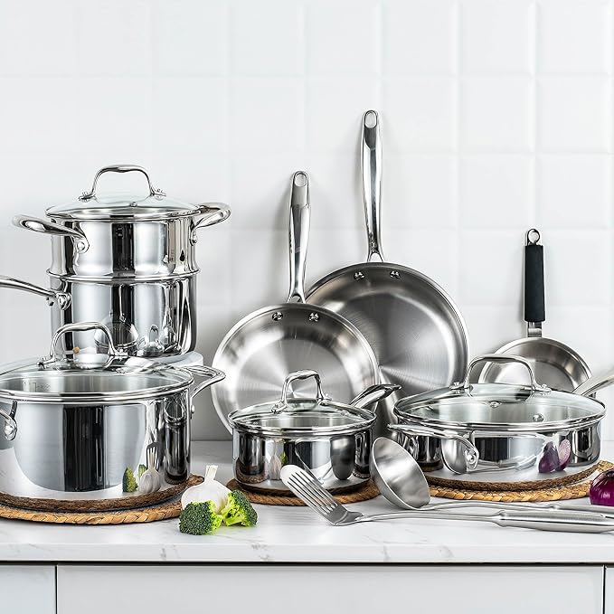 Tri Ply Stainless Steel Cookware Set 16-Piece Stainless Steel Pots and Pans Set with Kitchen Utensils and Steamer Non-Toxic Multiclad Induction Oven Compatible Dishwasher Safe