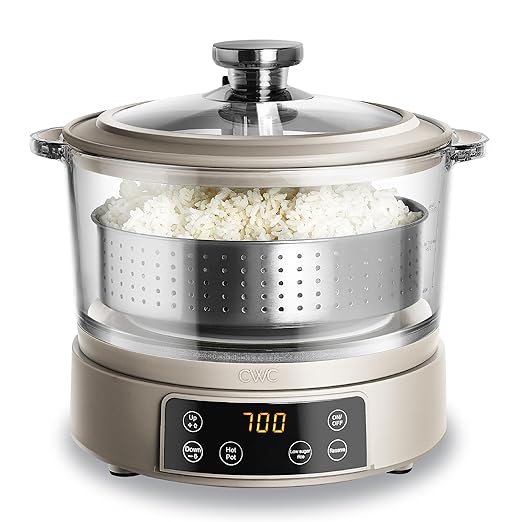 COOK WITH COLOR 3L Glass Mini Low Carb Rice Cooker – Holds 2 Cups Raw/Makes 6 Cups Cooked with Auto Lift Filter Basket Hotpot &amp Steamer for Rice Grains Digital Panel with Keep Warm Greige