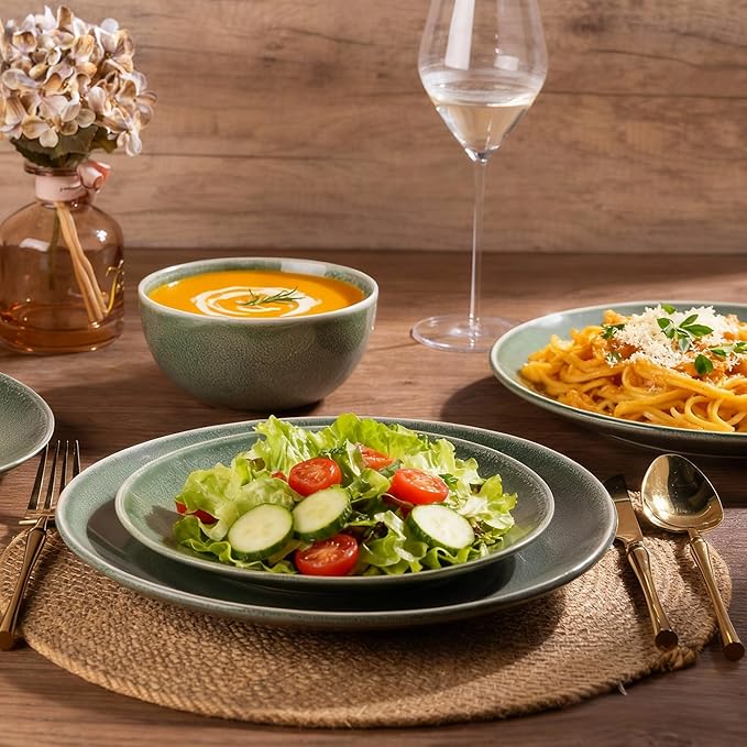 AmorArc Ceramic Dinnerware Sets for 4 12 Pieces Handpainted Plates and Bowls Set Scratch Resistant Stoneware Dishes Set Dishwasher &amp Microwave Safe Jade Green