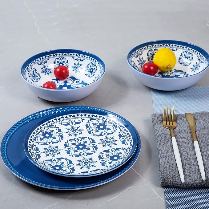 Melamine Dinnerware Set -12pcs Outdoor and Indoor Plates and Bowls Set Service for 4 Dishwasher Safe Blue Flower