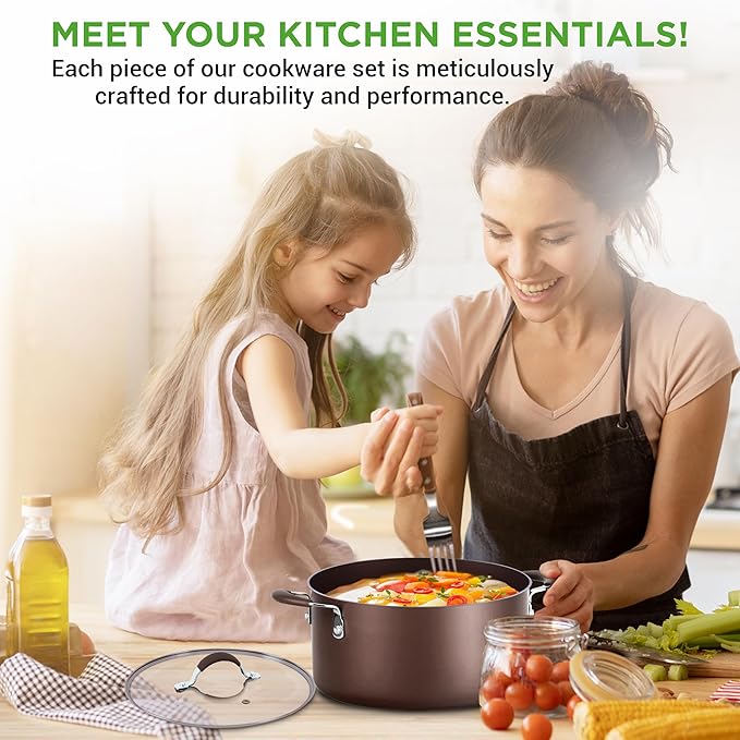 NutriChef 14-Piece Nonstick Brown Cookware Set - Scratch-Resistant Kitchen Pots and Pans with Lids &amp Utensils For All Cooktops - NCCW14SBR