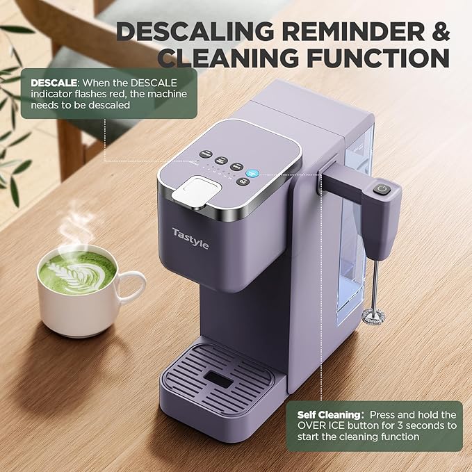 Single Serve Coffee Maker with Built-in Detachable Milk Frother Iced and Hot Coffee Machine for K Cup &amp Grounds 40oz Removable Water Reservoir 6 Cup Sizes Fits 7.3 Travel Mug Purple
