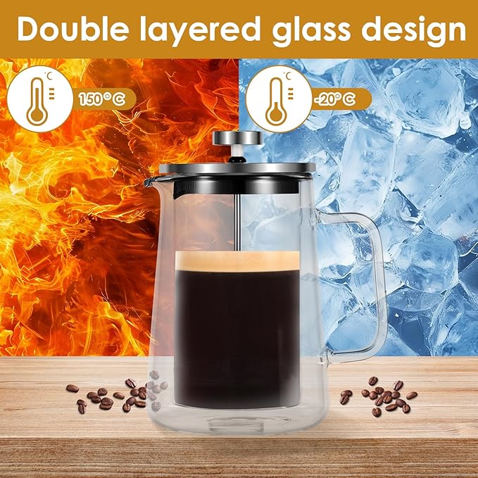 350/650/1000ml French Press Coffee Maker Double Wall Glass French Press Clear French Press Tea Maker Multifunctional Coffee Press Coffee Maker for Home Office (1000ML)