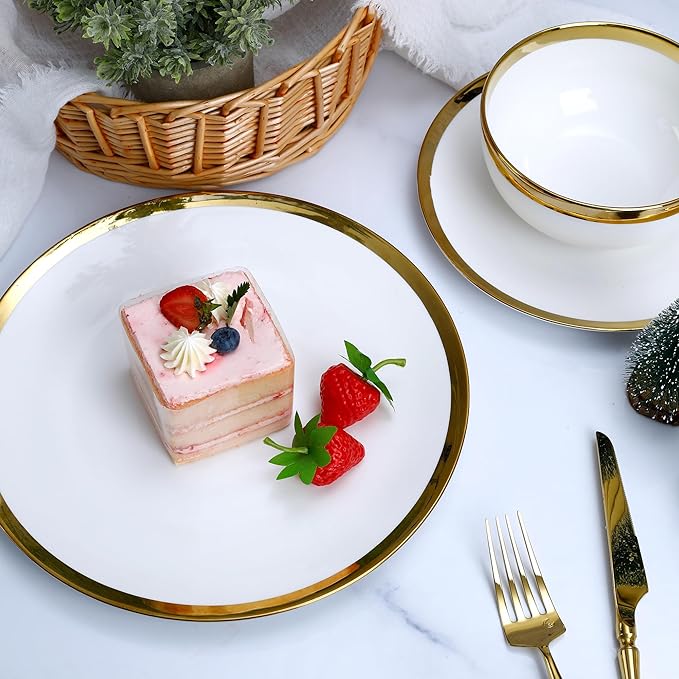 Luxury 12-Piece white Dinnerware Set with Gold Rim for 4Elegant White bone china Porcelain Plates &amp Bowls Microwave and Dishwasher Safe Chip Resistant Fine Dining Set