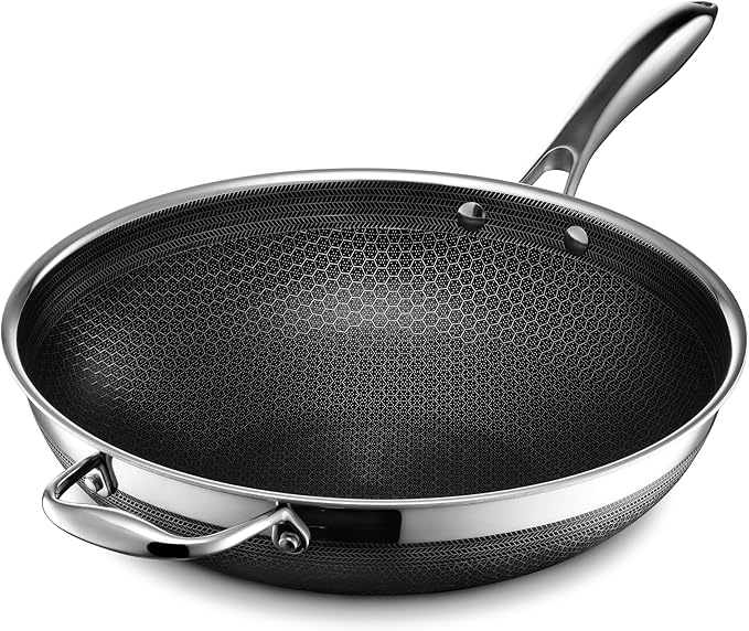 HexClad Hybrid Nonstick 10-Piece Cookware Set 12 Wok 12 Griddle 2 3 and 8Qt Pots with Lids and 2 Silicone Trivets Stay-Cool Handles Dishwasher and Oven-Safe Induction Ready