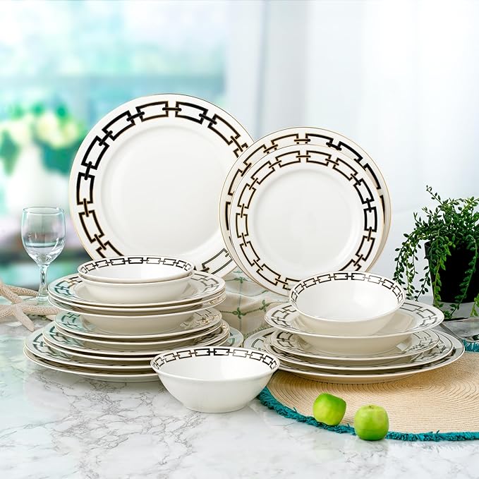 Joseph Sedgh Collection “Abbey” 20-Piece Bone China Dinnerware Set Service for 4 Black and Gold Chain