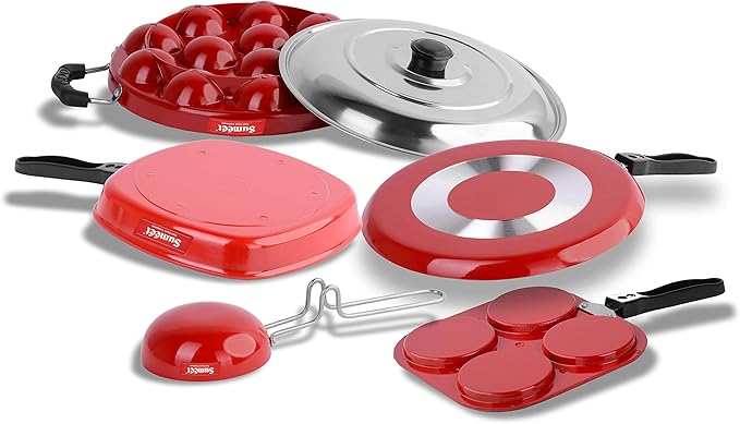 Sumeet 2.6mm Thick Non-Stick Beet Cookware set (Dosa Tawa – 26.5cm Dia + Multi snack maker – 26.5cm Dia + Grill Pan – 1.1Ltr + Grill Appam Patra With Lid – 23cm Dia + Tadka Pan – 10cm Dia)