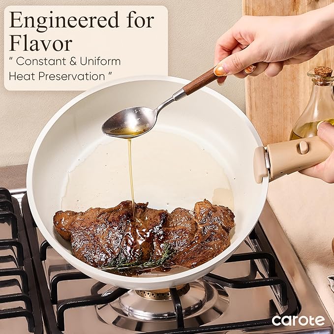 CAROTE Pots and Pans Set Non Stick Cookware Sets Kitchen Set Oven/Dishwasher/Fridge Safe Space Saving Pots Set Nonstick Set with Versatile Detachable Handle Induction RV Set Cream