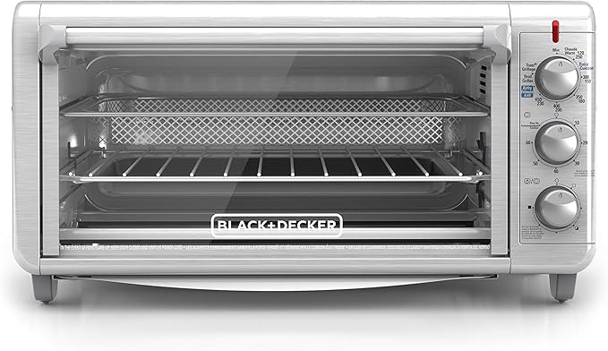 BLACK+DECKER Crisp 'N Bake Air Fry Countertop Convection Toaster Oven XL Capacity 8-Slice 5-in-1 Fits 9” x 13” pan12” Pizza 60-Min Timer Bake Broil Air Fry Toast Keep Warm Stainless Steel