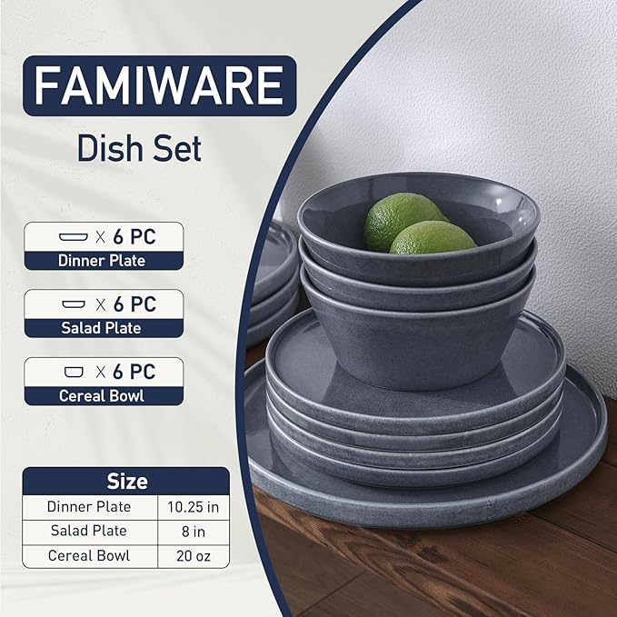 Famiware Annecy Dinner Plates and Bowls Sets Stoneware Dinnerware Sets Dishes Set for 6 18 Pieces Handmade Dishware Set - Microwave &amp Dishwasher Safe Double Reactive Glaze Tableware Misty-Blu