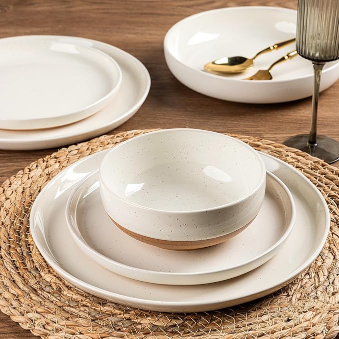 AmorArc Ceramic Dinnerware Sets with Pasta Bowls for 8 Handpainted Plates and Bowls Set with Rustic Terracotta Underside Scratch Resistant Dishes Set Dishwasher &amp Microwave Safe 32 Pcs