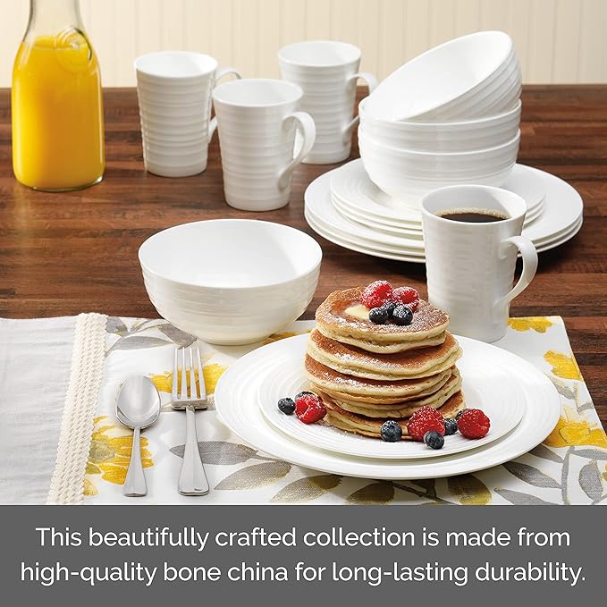 Mikasa Ciara 16 Piece Bone China Dinnerware Set Service for 4 Lightweight and Durable Plates Bowls and Mugs Elegant White Dinnerware for Everyday Use
