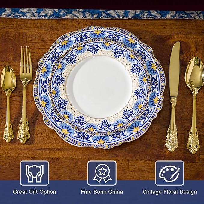 ACMLIFE Bone China Tea Set &amp Dinnerware Set for 4 Vintage Floral Design Blue and White