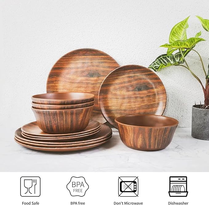 TP 18-Piece Dinnerware Set Melamine Dishes Set with Bowls and Plates Service for 6 Non-breakable Lightweight Dining Tableware Rosewood Grain