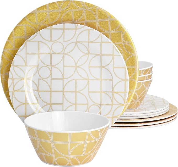 Gates Summer Bloom 12pc Dinnerware Set Gold 12 Pc Geometric Casual Round Piece