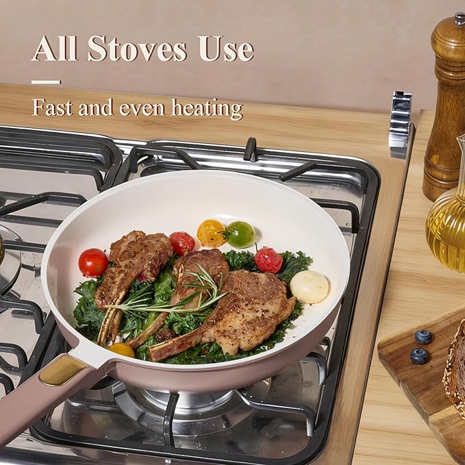 CAROTE Ceramic Cookware Set Pots and Pans Set Non stick 16-Piece Induction Cookware Non toxic Healthy Non Stick Kitchen Cooking Set with Frying Pans SetLarge Capacity Soup Pot