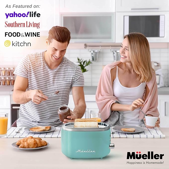 Mueller Retro Toaster 2 Slice with 7 Browning Levels and 3 Functions: Reheat Defrost &amp Cancel Stainless Steel Features Removable Crumb Tray Under Base Cord Storage Turquoise