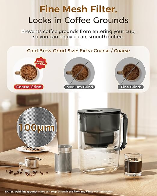 Waterdrop Cold Brew Coffee Maker with 1 Magnesium Water Filter for Well-Balanced Acidity Unlocks Aroma BPA-Free Cold Brew Pitcher Stainless Steel Filter for Iced Coffee Tea Lemonade Black