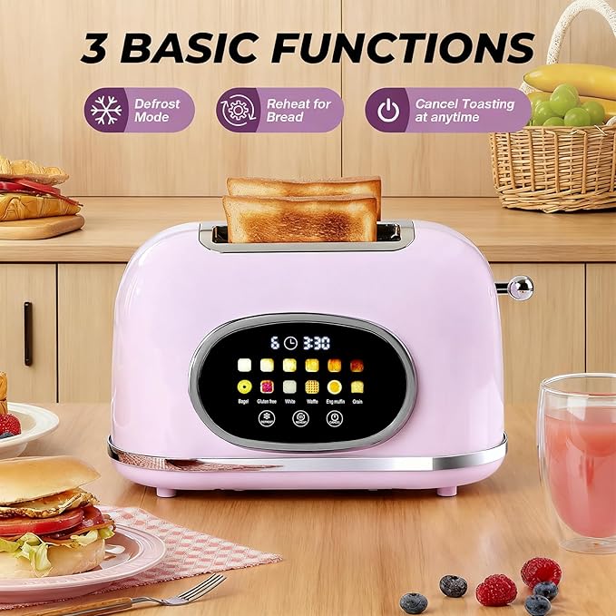 Roter Mond 2 Slice Toaster Smart Touch Screen Retro Stainless Steel Bread Toaster with Digital Timer Sleep Mode Bagel Cancel and Defrost Functions 6 Bread Types and Shade Settings Light Purple