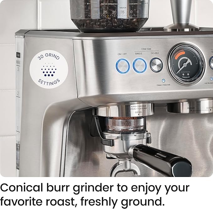 Chefman Crema Supreme 15 Bar Espresso Machine with Milk Frother Barista Steam Wand Professional Coffee Maker with Coffee Grinder 30 Grind Settings 3L Removable Water Tank - Stainless Steel