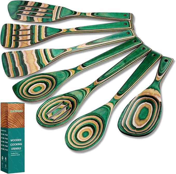 Wooden Spoons for Cooking Pakkawood Kitchen Utensil Set Oasis Color Premium Durable Wooden Utensils for Nonstick Cookware Heat Resistant Smooth Finish Comfortable Grip 7 Piece