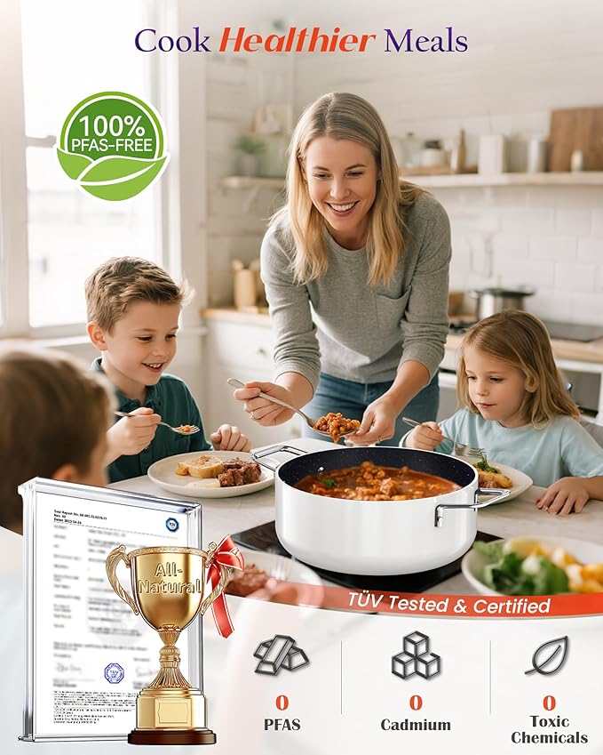 Nuwave Essential Series 5PC Ceramic Cookware Set PFAS-Free G11 Duralon Blue Coating Pots and Pans Set Non Stick Diamond Scratch-ResistantStay-Cool Handle Metal LidInduction ReadyDishwasher Safe