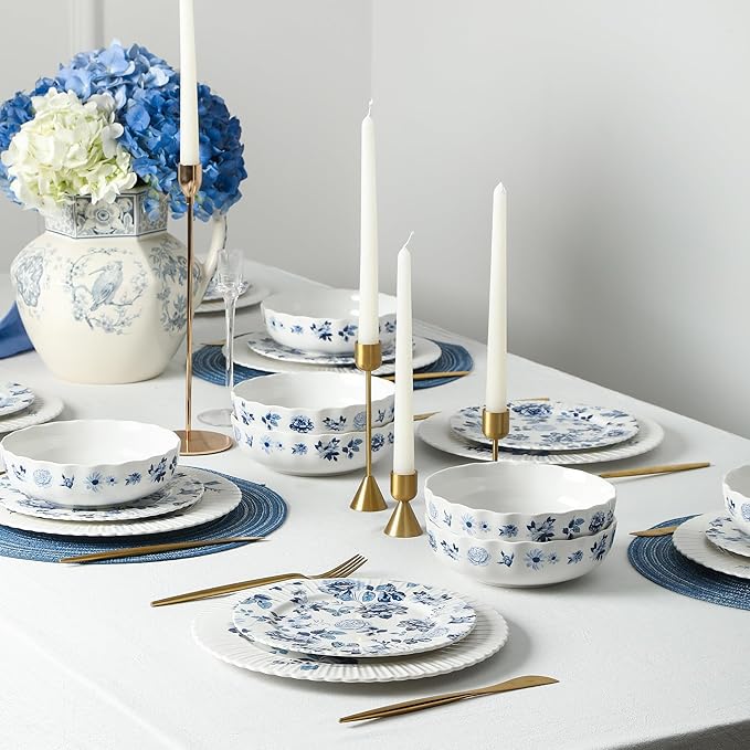 Stone Lain Fiore 12-Piece Dinnerware Set New Bone China Blue