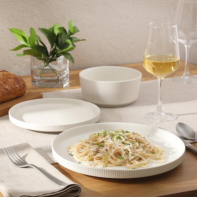 Gibson Home Dempsey Road 12-Piece Stoneware Dinnerware Set – Service for 4 Round White Plates and Bowls Durable Solid Color Modern Embossed Dish Set Microwave &amp Dishwasher Safe