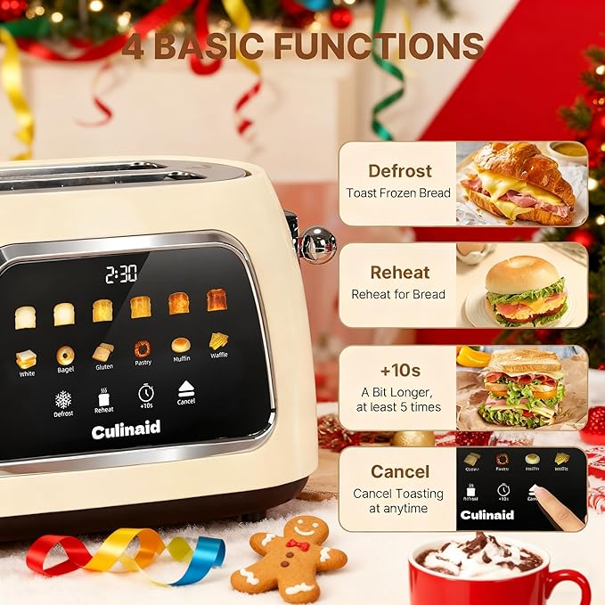 Toaster 2 Slice Smart Touch Screen Retro 1.5'' Extra Wide Slot Stainless Steel Digital Bread Toaster with Memory Function Bagel Defrost 6 Browning Levels and Removable Crumb Tray Cream