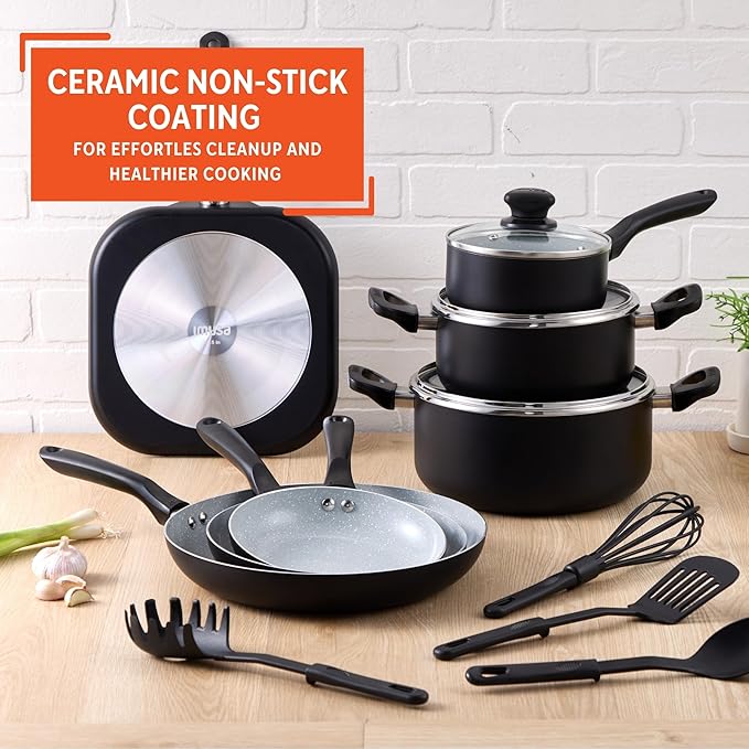 IMUSA Nonstick Ceramic Cookware Set 14-Piece with Soft-Touch Handles Aluminum Black