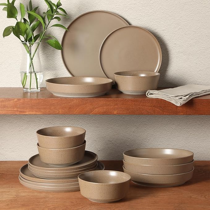 Gibson Elite Overbrook 16-Piece Pottery Clay Stoneware Dinnerware Set – Terraccotta Brown Reactive Glaze Stackable Plates and Bowls w/Pasta Bowl Service for 4 – Microwave &amp Dishwasher Safe