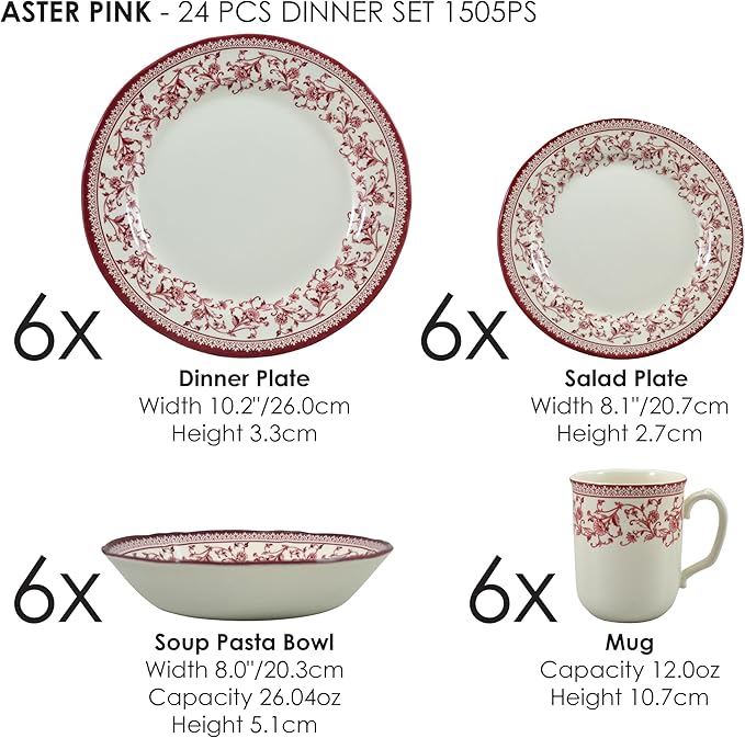 Tudor Royal 24-Piece Round Dinnerware Set Service for 6 Aster Pink Design Red Floral Plates Bowls Mugs Dishes High Gloss Premium Quality