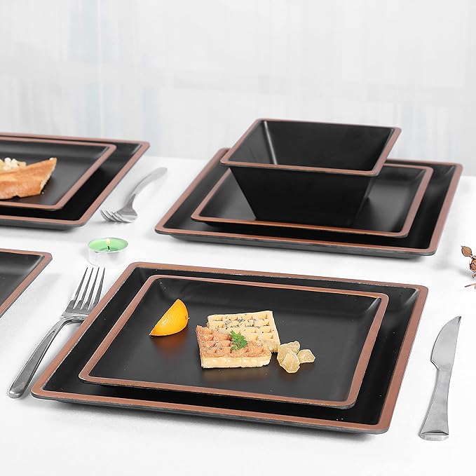 Melamine Dinnerware Sets Service for 4 Square Dinner Plates and Bowls Set12-Piece Set Non-breakable Lightweight Dinner Tableware for Indoor/Outdoor Use